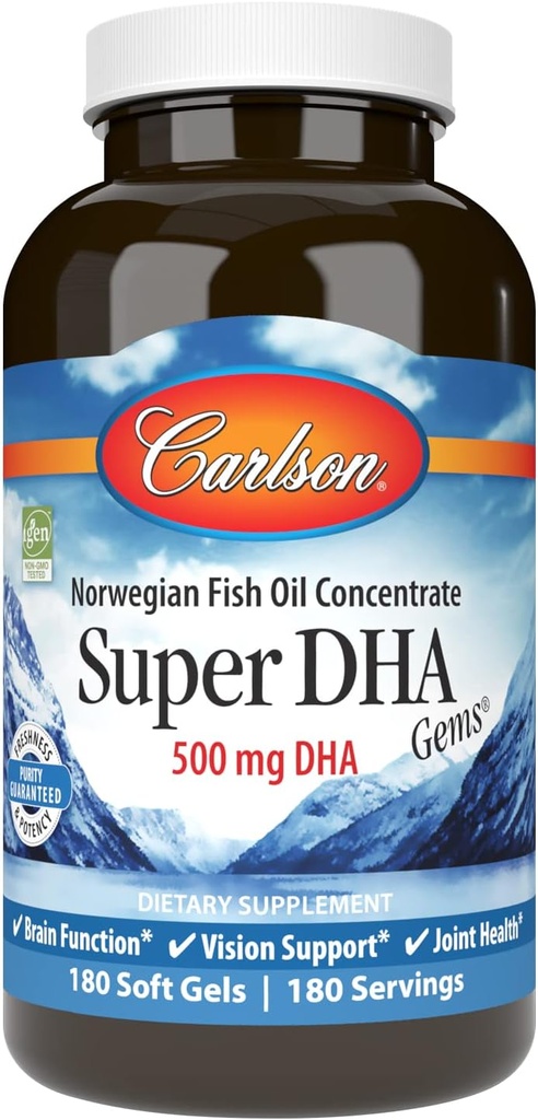 קרלסון - Super DHA Gems, 500 מ"ג DHA תוספי מזון, 640 מ"ג Fatty Acids, Wild-Caught Norwegian אומגה 3 דגים שמן תוספת, Sustainably Sourced Fish כמוסות, 180 Softgels