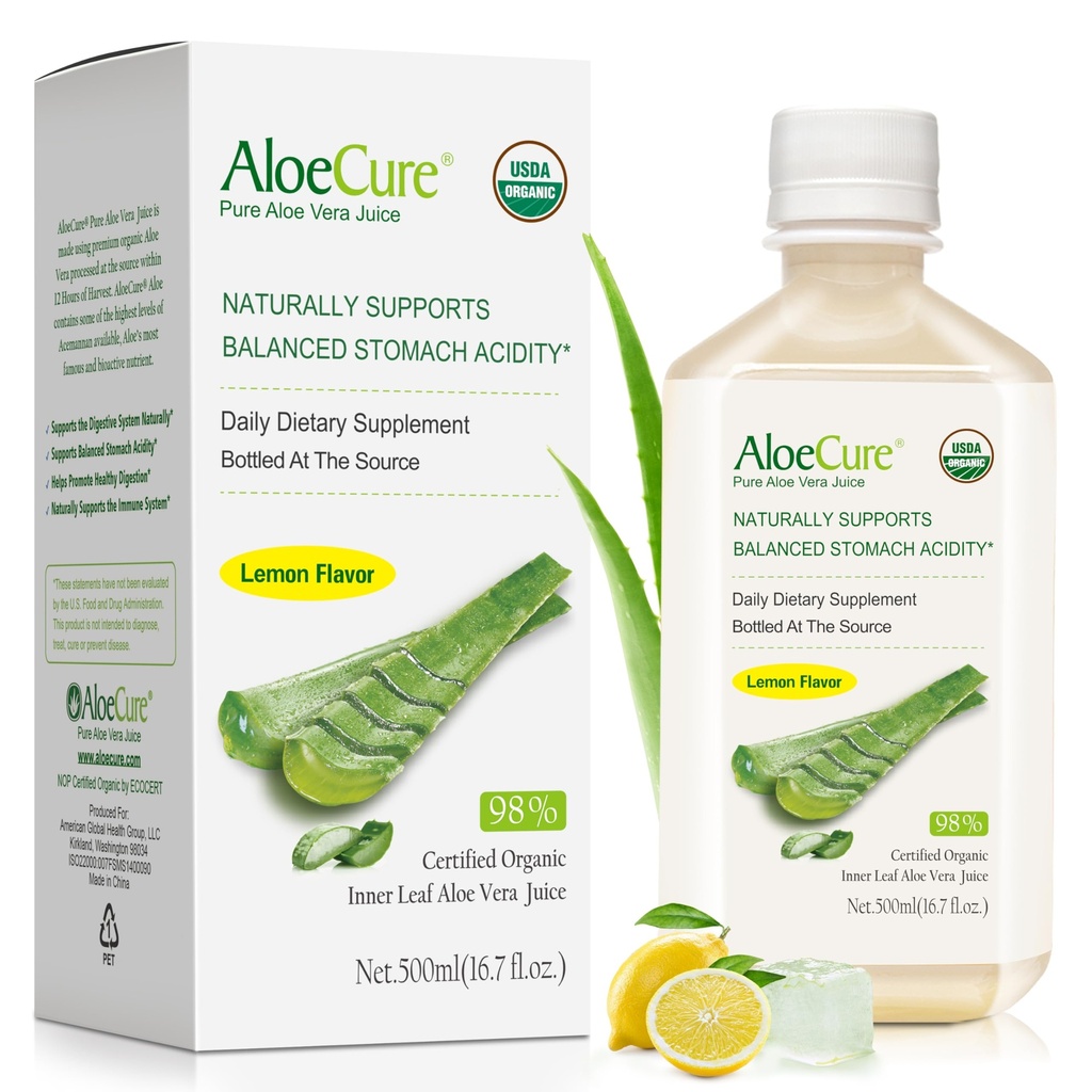 AloeCure USDA אורגני Aloe Vera Juice Flavor - Made תוך 12 שעות של קציר - תוספת טבעית עבור איזון Stomach Acidity - תמיכה עיכול ובריאות החיסון - 1 Btl x 16.7oz