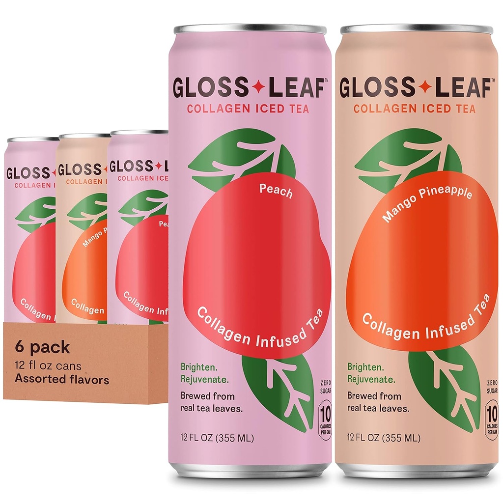 Gloss Leaf Collagen Iced Tea (Zero-Sugar, Assorted): ברד תה שחור עם coagen Peptides חלבונים & C, Beauty & Anti-Aging, 12 Fl Oz, 6 Pack