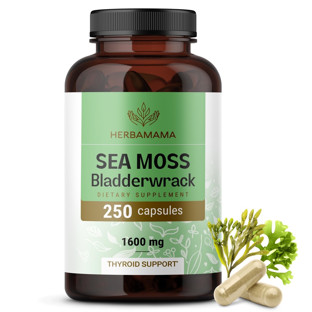 HerBAMAMA Irish Sea Moss כמוסות - 1600mg Sea Mosss ו Bladderwrack for Immune Support - טבעוני, Non-GMO Immunity תוסף לתמיכה כוללת