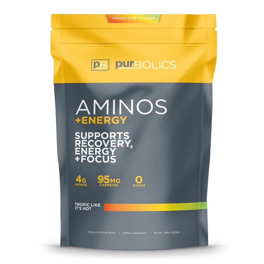 Purbolics Aminos + אנרגיה | תמיכה התאוששות, אנרגיה ו פוקוס | 95 מ"ג של קפאין, 0 סוכר ו 60 משרתים (Tropic Like It's Hot)