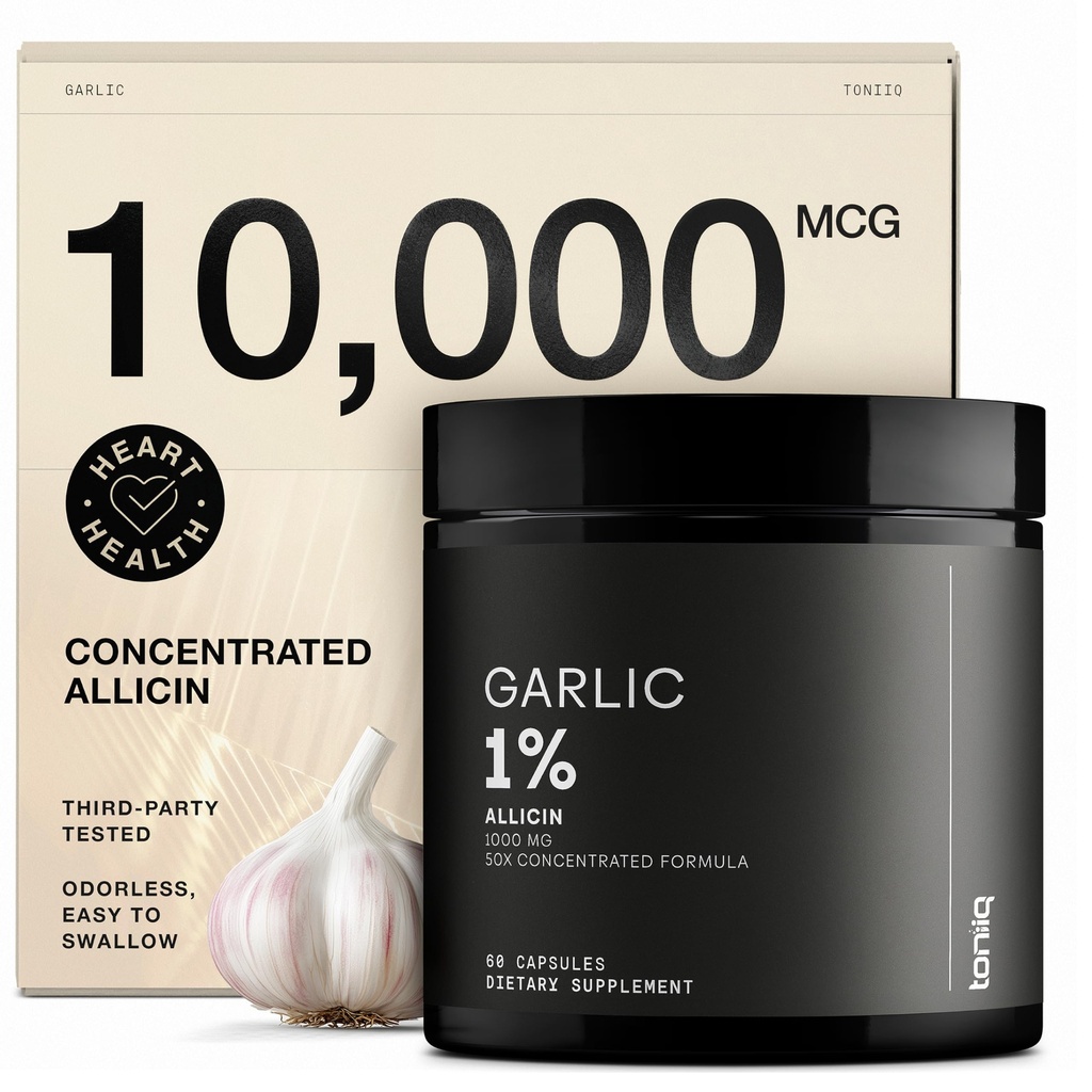 קפסולות Garlic עם 10,000mcg Allicin - Odorless - 50:1 לחלץ עבור ספיגה מקסימלית - מחלקת צד שלישי נבדק - 60 קפסולות צמחוניות