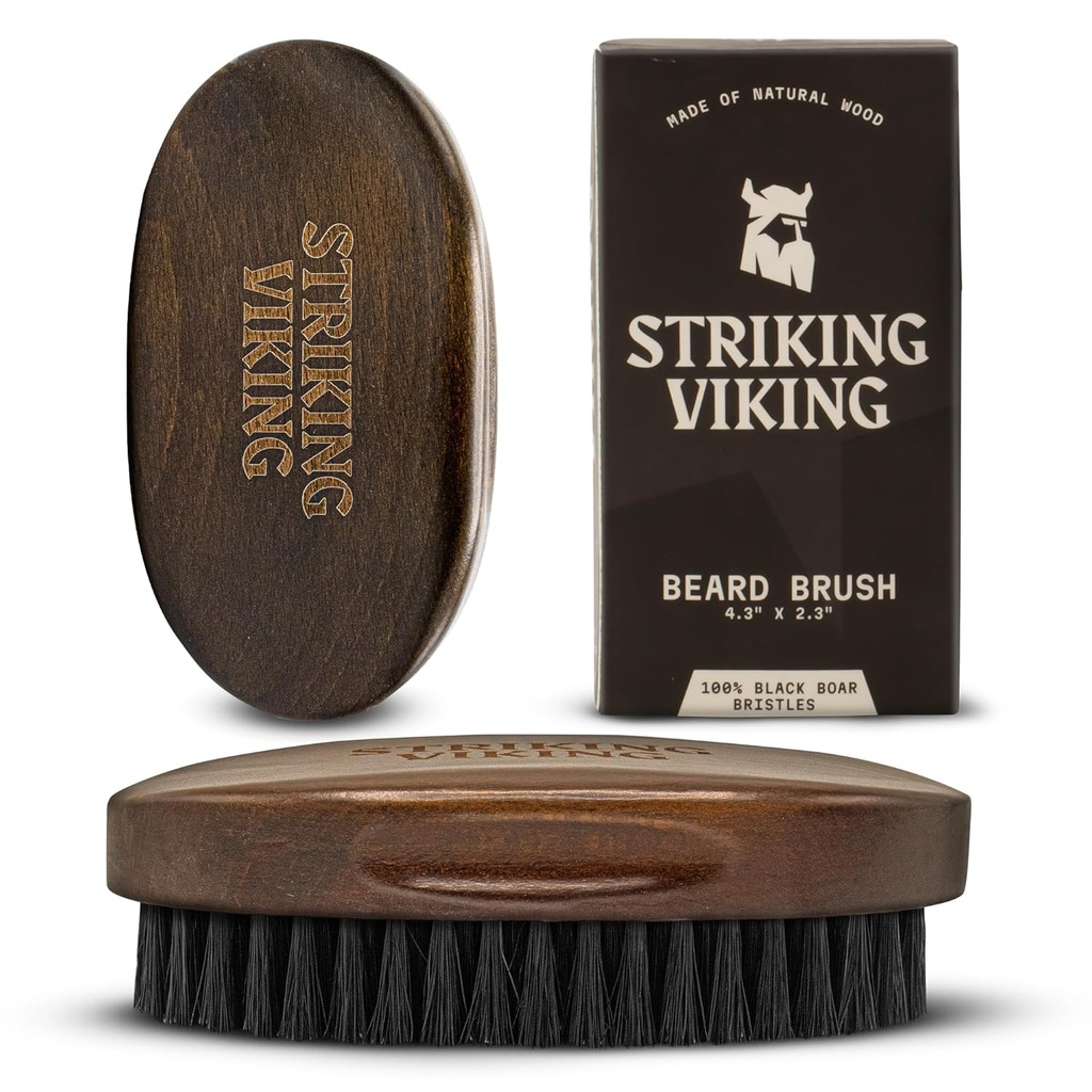 Striking Viking Beard Brush for Men - 4.3 אינץ' Beech Wood Handle, Brown - Boar Bristle Beard Brush, Travel Size Detangler & Staticductionr