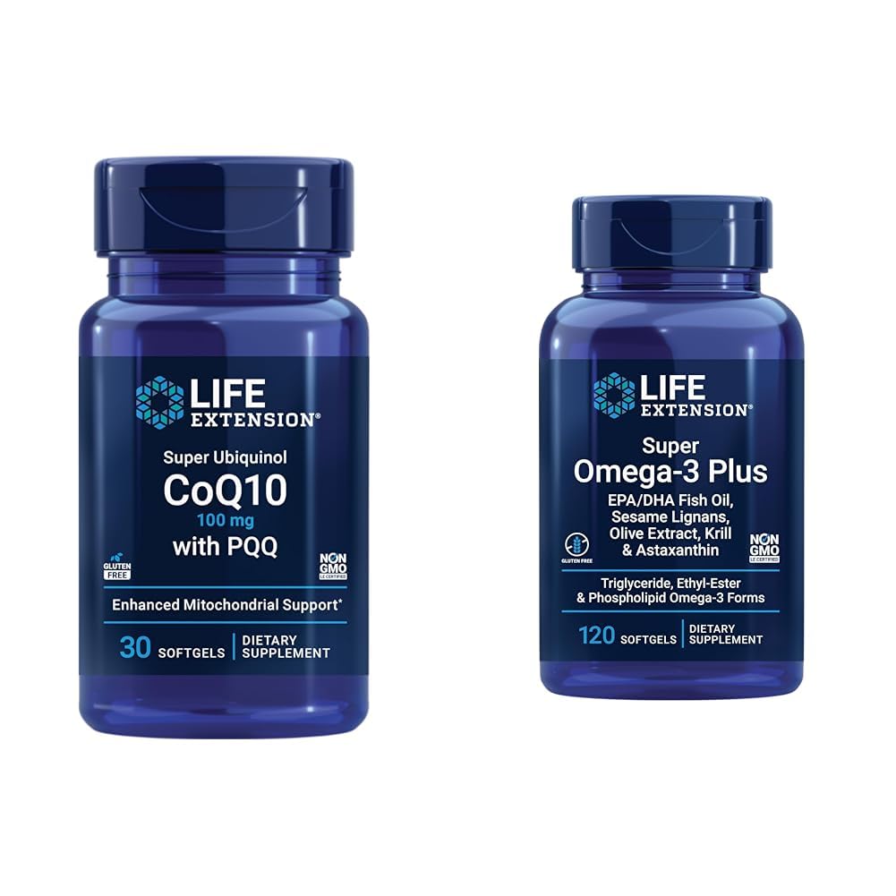 Life Extension Super Ubiquinol CoQ10 עם PQQQ, CoQ10, PQQQQ & Super אומגה 3 Plus EPA / DHA שמן דגים, Ssame Lignans