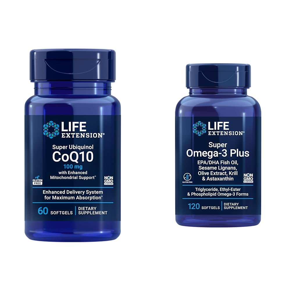 Life Extension Super Ubiquinol CoQ10 עם תמיכה משופרת Mitochondrial & Super אומגה 3 Plus EPA / DHA שמן דגים, Sesame Lignans, אוליב, קריל & Asta