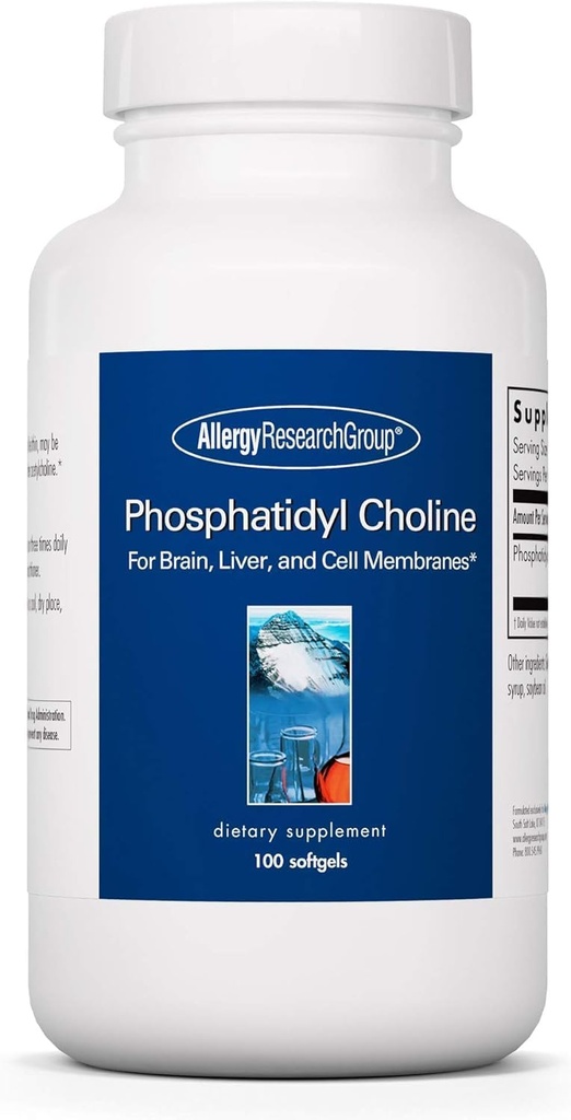 Allergy Research Group Phosphadityl Choline - תוספי Phosphaditylcholine for Brain and Liver Health, Soy Lecithin Extract for Focus and Memory, 385 מ"ג Per קפסולה - 100 Softgels