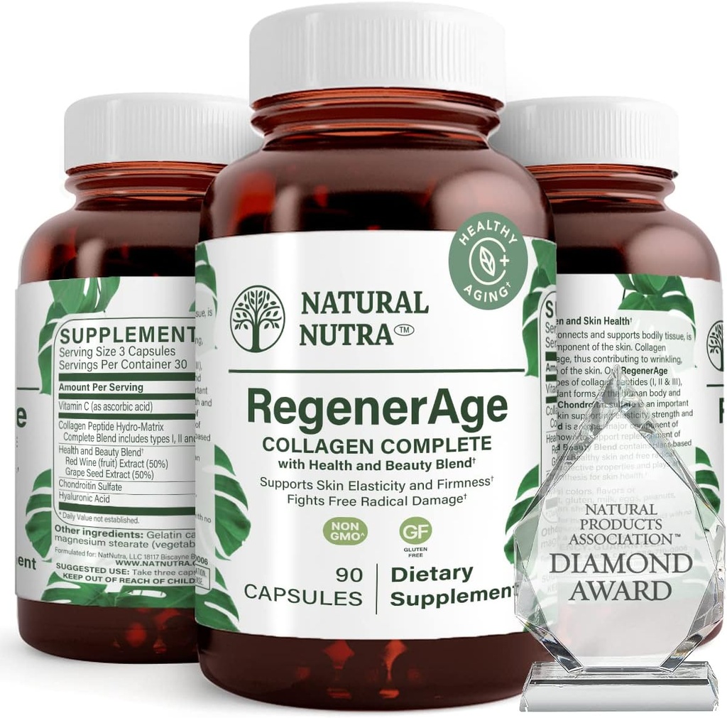 טבעי Nutra RegenerAge תוסף שלם לבריאות העור עם חלבונים פפטיםידים, להפחית את מרקי מתיחה, Contributes בריאות כוללת, ויטמין C, Grape Seed Red Wine Extract, Gluten Free, 90 קפסולות.