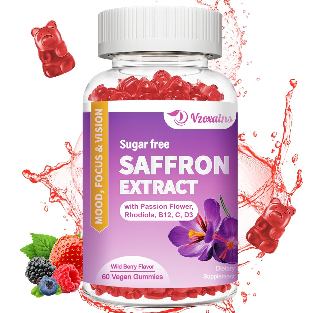 Saffron Gummies, 10 ב 1 Saffron תוספת חניכיים עם Magnesium, Ashwagandha & Rhodiola Rosea, סוכר חופשי לבן מעורב Bre Flavor - 60Cts