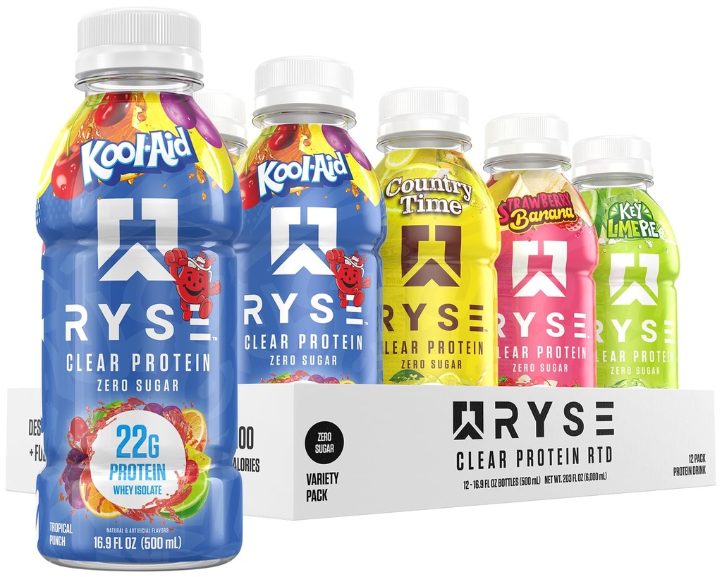 RYSE Clear חלבונים לשתות - Variety Pack - 100 קלוריות, 22g Whey Isolate חלבון שקד, סוכר חינם, 0g Fat & Lactose-Free - רענון מוכן-to-Drink Beverage - 16.9 fl oz בקבוקים (12-Pack)