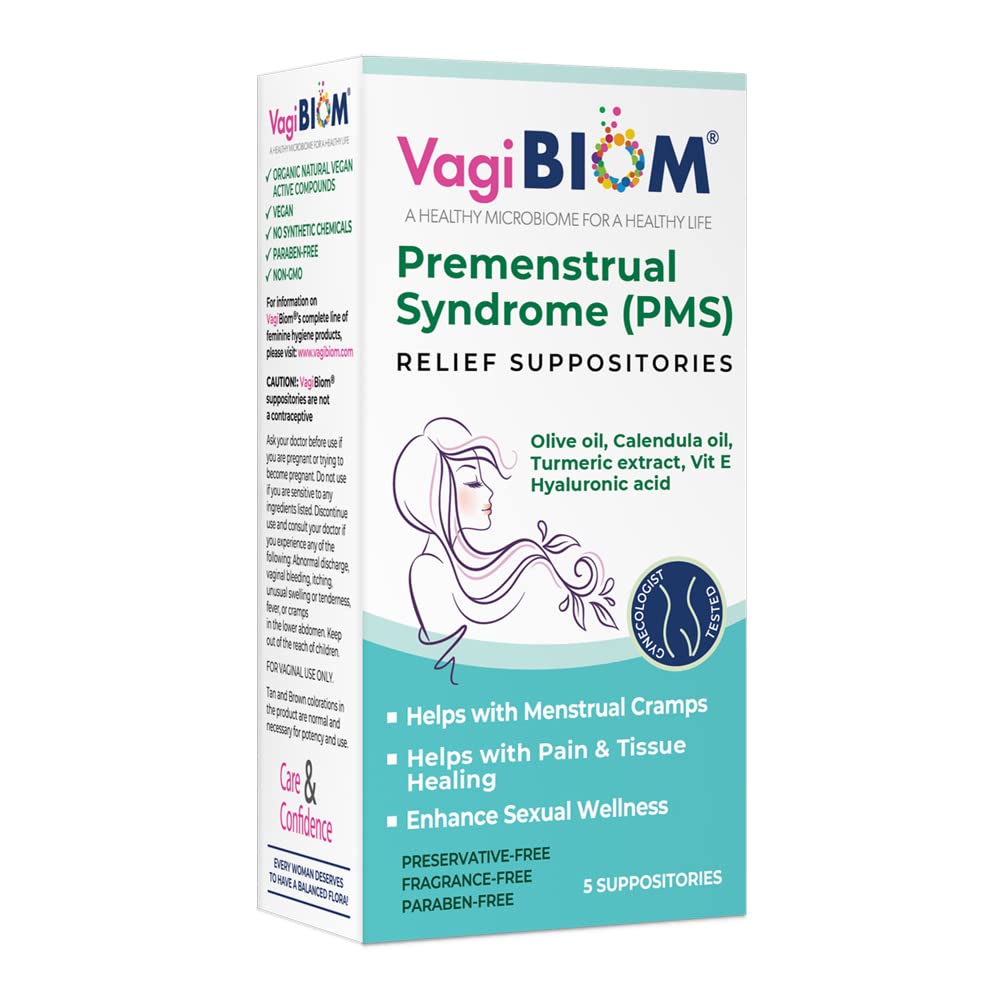 VagiBiom Menstrual Relief Suppositories (5 Suppositories) עם שמן Calendula, Cocoa Butter, Turmeric ו-VIT E המסייע עם Cramp, Mood Swings. ריפוי חתומה ארה"ב יצרה, טבעונית, ללא הורמונים