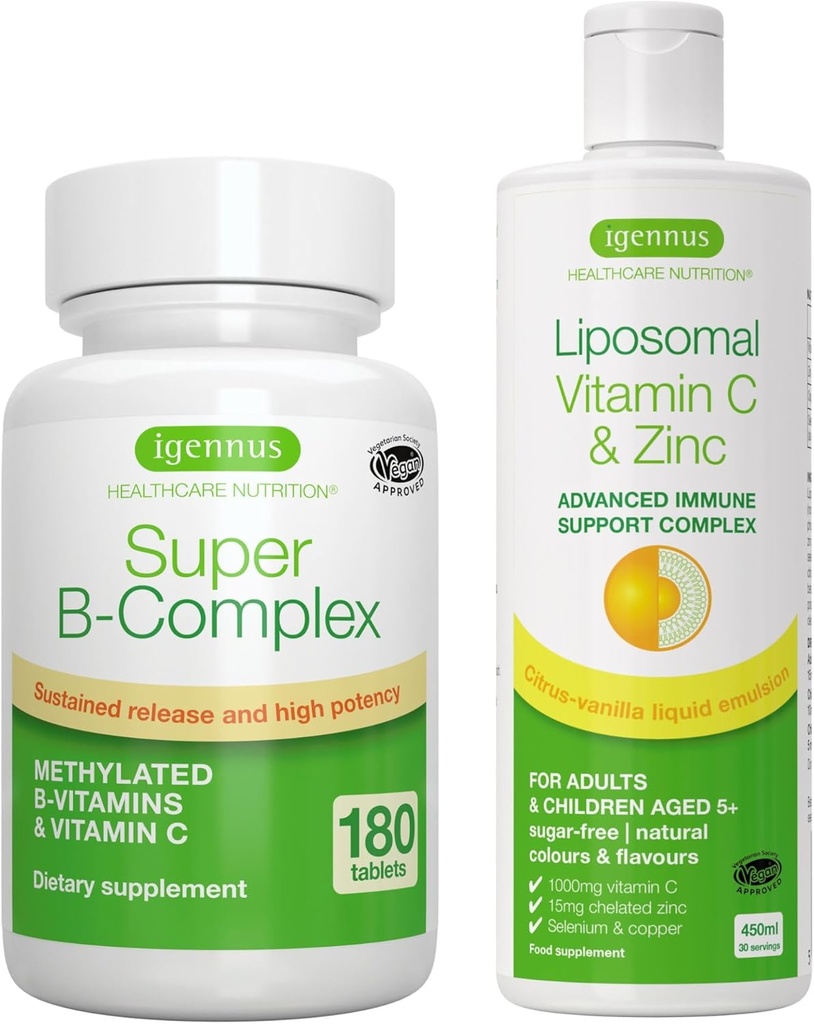 Super B-Complex + Liposomal ויטמין C 1000 מ"ג & Zinc Vegan Bundle, Methylated Sustained לשחרר B Complex & High Absorption נוזל Immune Complex, על ידי Igennuss