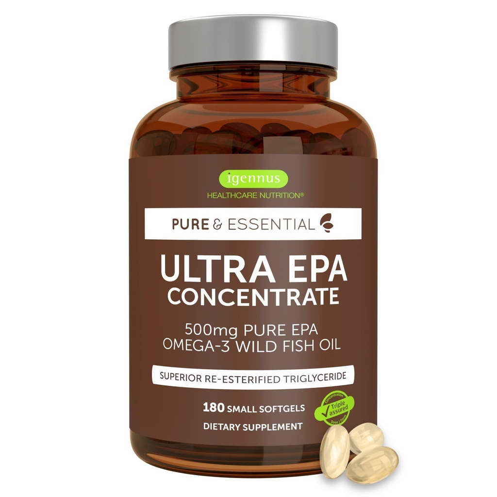 Igennus Ultra Pure אומגה 3 EPA 500 מ"ג, ריכוז גבוה של שמן דגים פרועים מוסמך IFOS, מתקדם rTG Triglyceride טופס, non-GMO, 180 Small Softgels