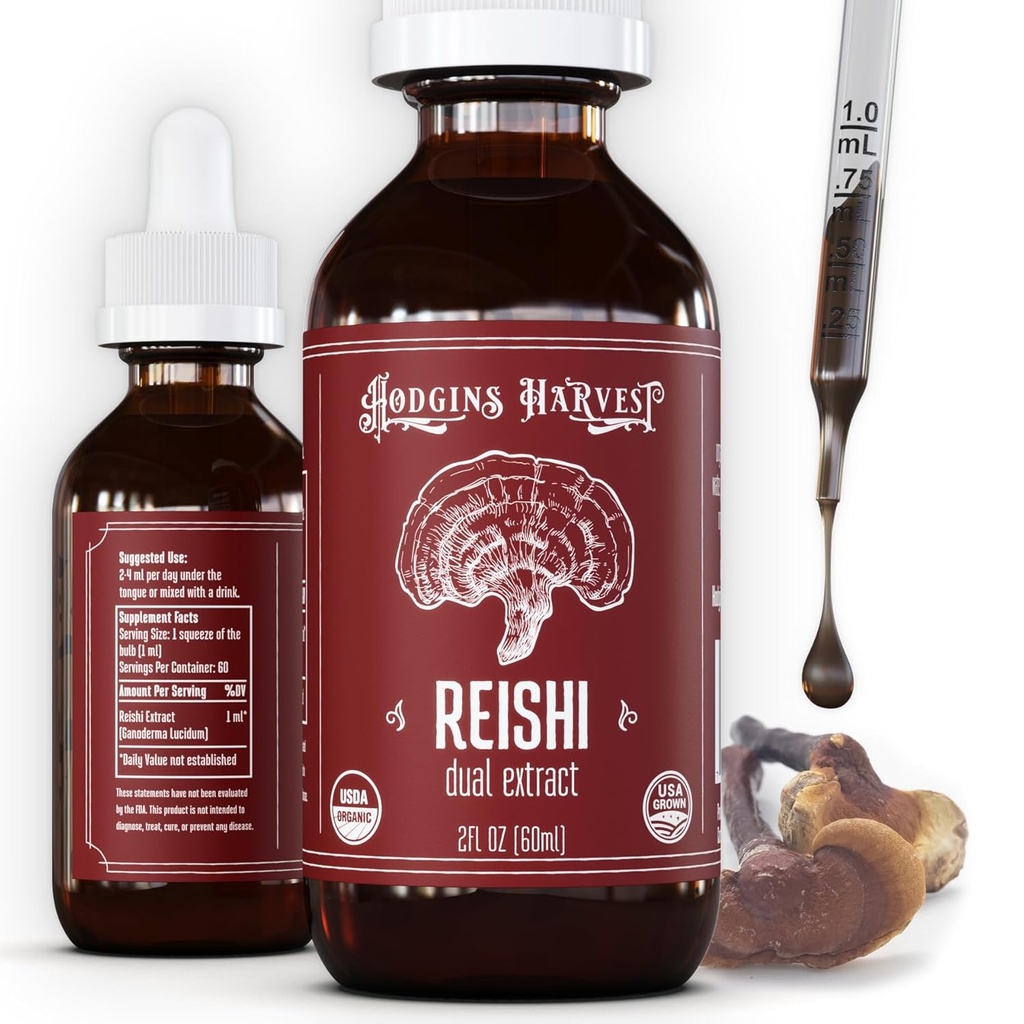 הודג'ינס קציר אורגני Reishi Mushroom לחלץ את הגוף פלט Tincture - תוספת תוספת תוספת תמצית כפולה תוסף - תמיכה בריאות הלב & בריאות - USDA אורגני Mushrooms - 2 oz