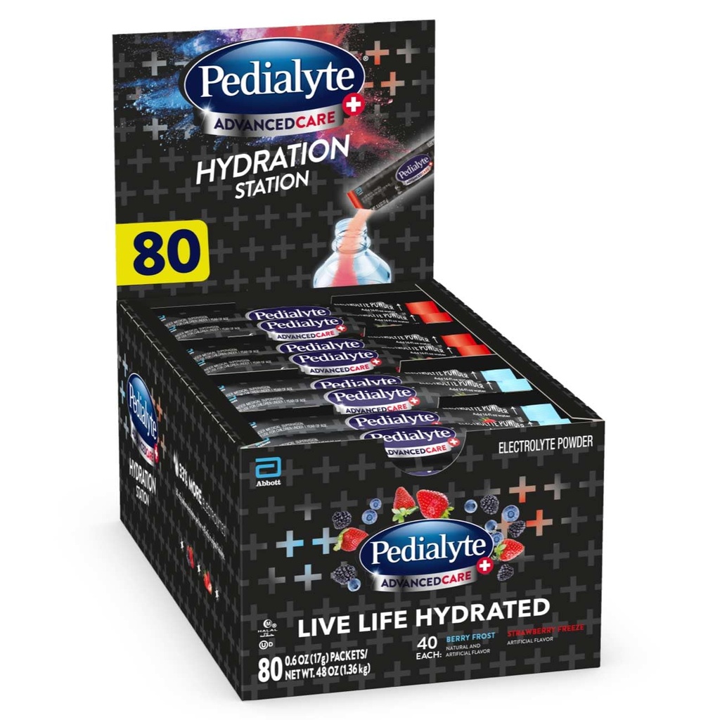 Pedialyte AdvancedCare Plus Electrolyte אבקת, יש 33% יותר אלקטרוליטים ו-PreActiv Prebiotics, תחנת הידרה Variety, 80 אבקת Packets