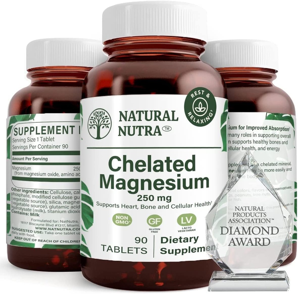 טבעי Nutra Chelated Magnesium Oxide 250 מ"ג - High Absorption for Strong Bones, Heart Health, Energy Boost, Gluten-Free, non-GMO, 90 טבליות (3 Pack) בבקבוקי זכוכית ללא תשלום BPA