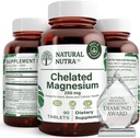 טבעי Nutra Chelated Magnesium Oxide 250 מ"ג - High Absorption for Strong Bones, Heart Health, Energy Boost, Gluten-Free, non-GMO, 90 טבליות (3 Pack) בבקבוקי זכוכית ללא תשלום BPA