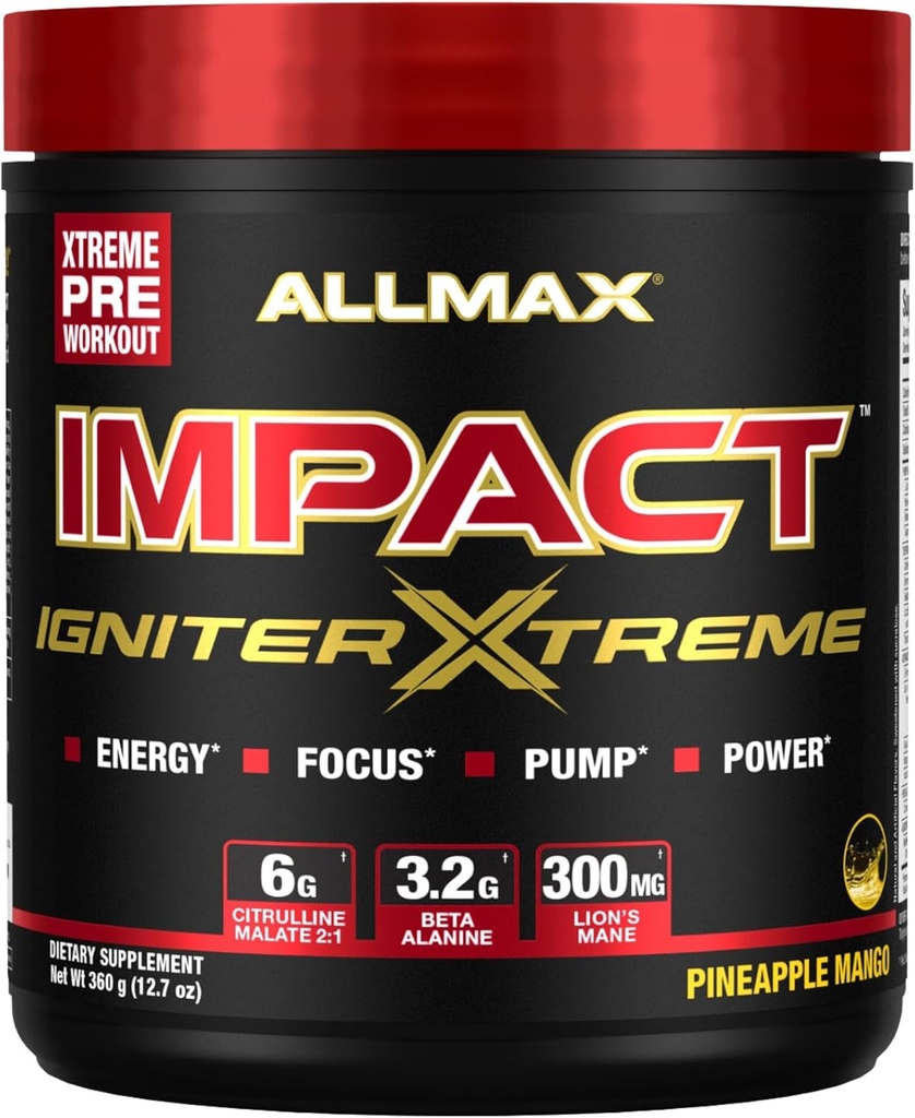 AllMAX Nutrition - Impact Igniteriter Extreme Pre Workout אבקת - עם Citrulline Malate, Beta - Alanine, Caffeine, Tairine, ו, Betaine anhydrous (Pineapple מנגו)