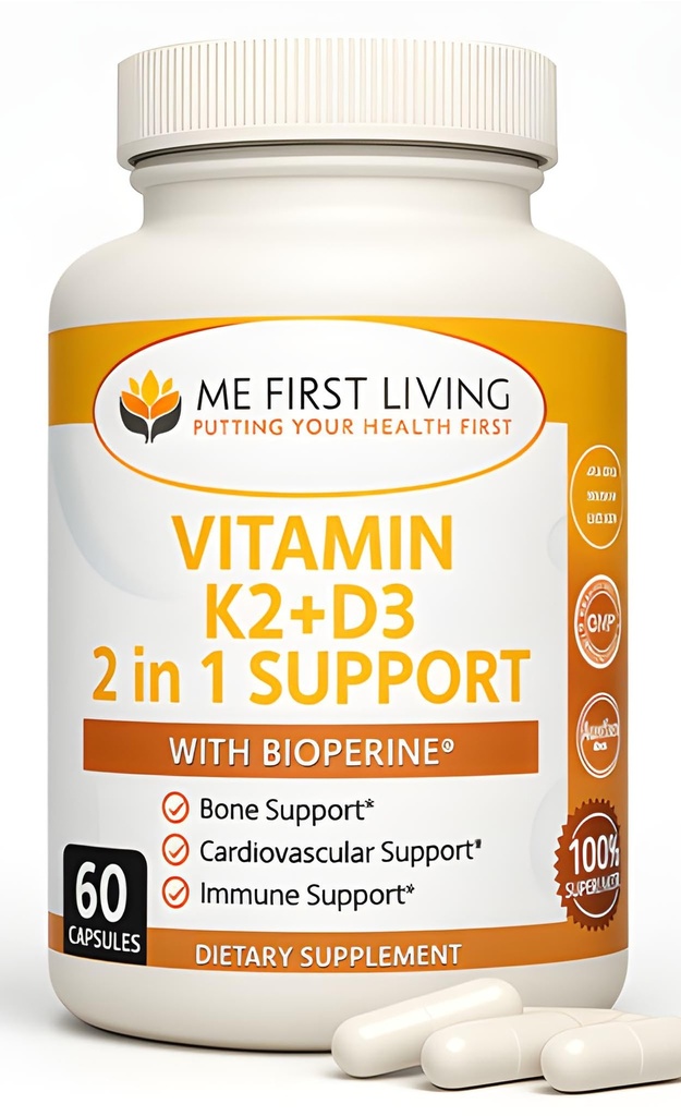 I First Living ויטמין D3 K2 Bone ו- Heart Health non-GMO פורמולה 125 MCG ויטמין D3 & 100 MCG ויטמין K2 MK-7 Easy to Swallow ויטמין D & K Complex with Calcium