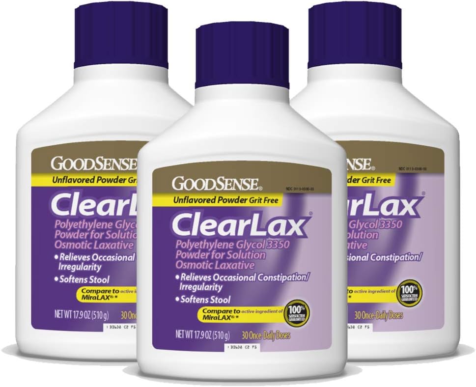 Good Sense ClearLax, Polyethylene Glycol 3350 אבקת עבור פתרון, Osmotic Laxative, 53.7 Oz, Pack of 3