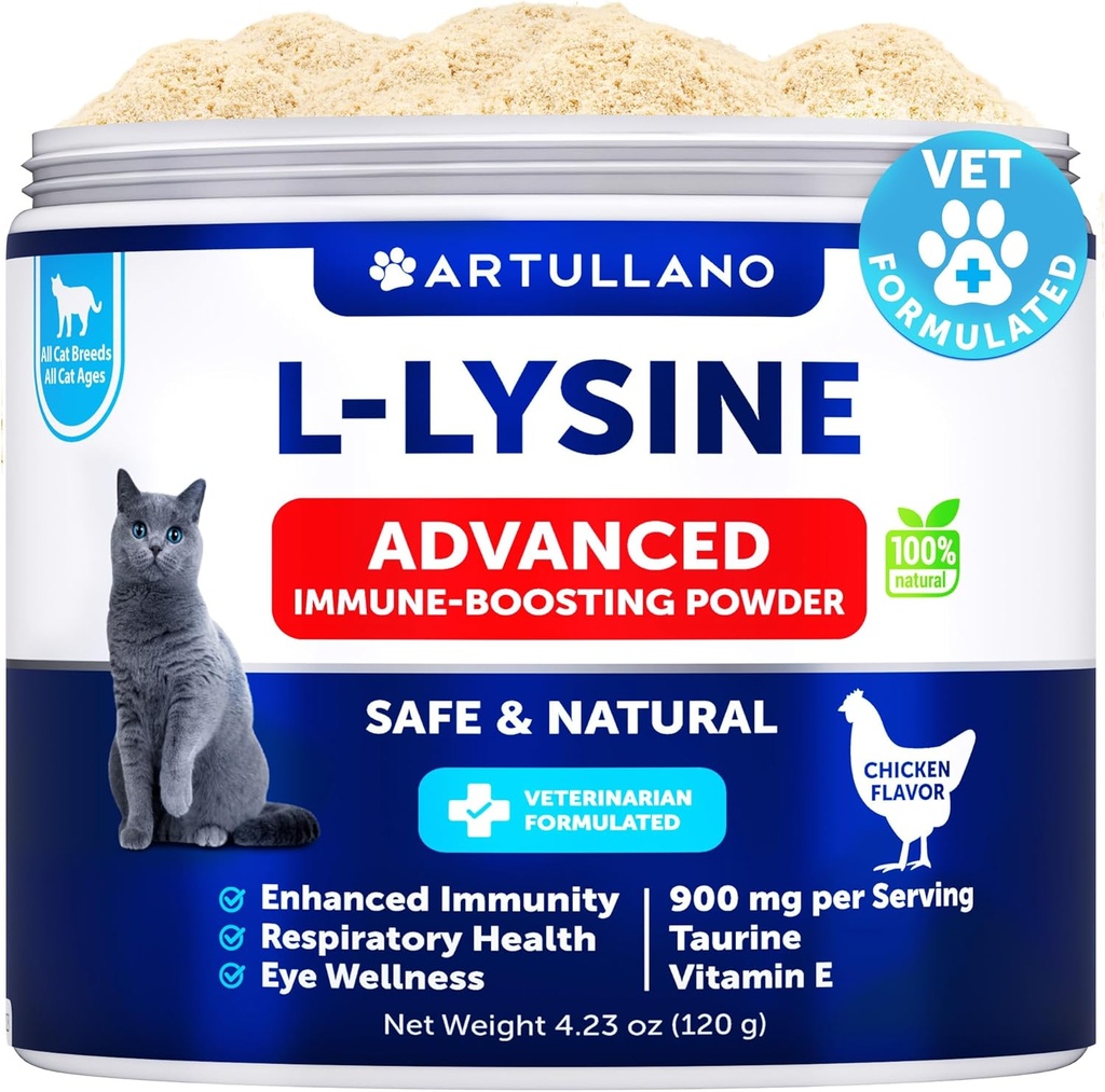 L-Lysine לחתולים - תוספי אבקת Lysine - 900 מ"ג / ראוי - תמיכה Immune לחתולים & Kittens - Sneezing, Runny Nose, Squinting, Watery Eyes, Cold, Eye Function, Respiratory Health - עם טאורין
