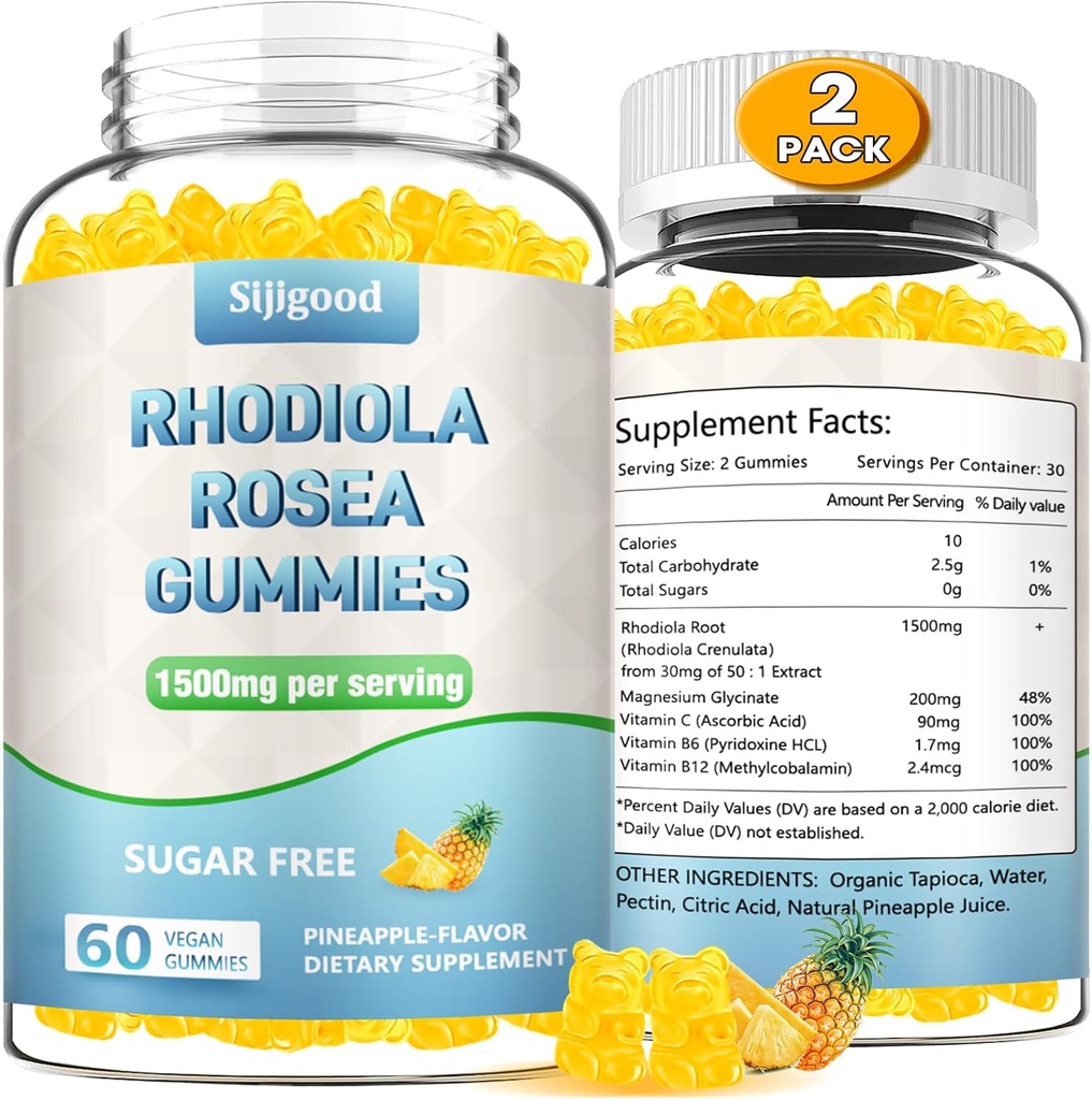 2 Pack Sugar-Free Rhodiola Rosea Gummies, Rhodiola Rosea תוספי & Cortisol Blocker for Enhanced Stamina, Mood Elevation ומוטיבציה Boost, Non-GMO, טבעוני, 120 הרוזן, ספירה, 120