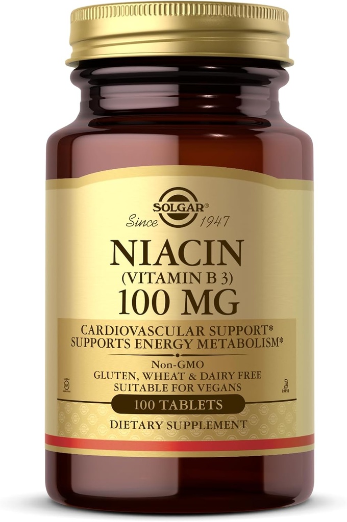Solgar Niacin (Vitamin B3) 100 מ"ג - 100 טבליות - תמיכה אנרגיה metabolism - non-GMO, טבעוני, Gluten Free, חלב חינם, כשר - 100 משרתים