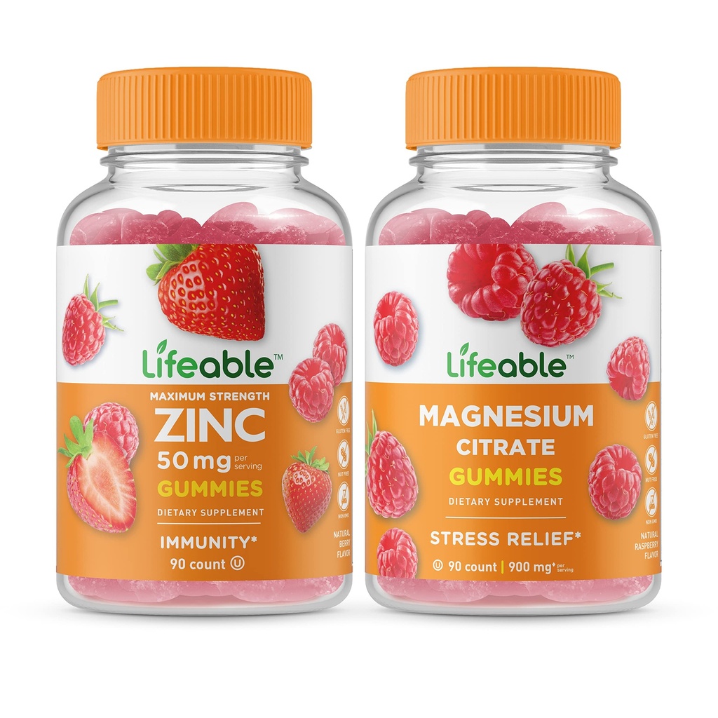 Lifeable Zinc 50mg + Magnesium, Gummies Bundle - גדול Tasting, ויטמין תוסף, Gluten Free, GMO חינם, Chewable Gummymymy