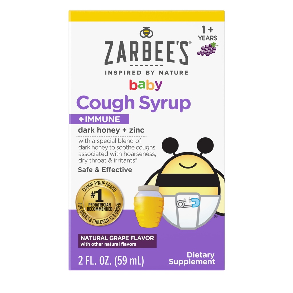התינוק של זרבי דבש Cough Syrup + Immune עבור תינוקות 12-24 חודשים, בטוח ויעיל Cough Syrup עם Soothing Dark Honey & Zinc for Immune Support *, סמים ואלכוהול חינם, Grape, 2 fl. Oz.