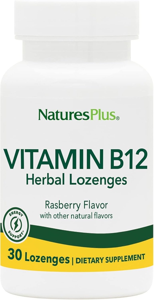 Natures Plus B12 Herbal Lozenges (Methyhydrobalamin) - 1000 mcg, 30 sublingual Lozenges - Raspberry - מקסימום Absorption Red Blood Cell Support - Energy Booster - Vegetarian, Gluten-Free - 30 משרתים