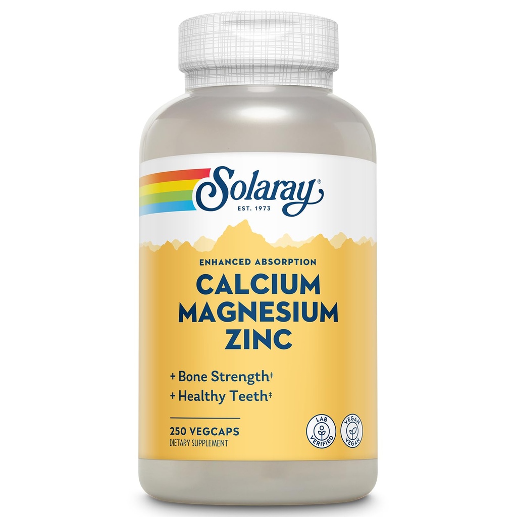 SOLAרי Calcium Magnesium Zinc תוסף - עם Calcium 1000 מ"ג, Magnesium 500 מ"ג - עצם בריאות, תפקוד שרירים, בריאות הלב ותמיכה החיסון - טבעוני, 60 יום ערבות, 62 משרתים, 250 VegCaps, 250 VegCaps