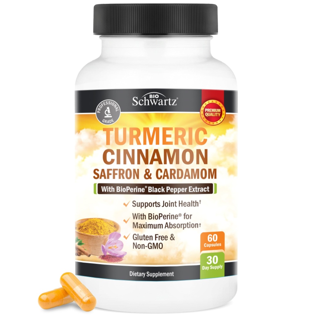 תוספת Turmeric עם Saffron, Cinnamon ו Cardamom Plus BioPerine Black Pepper לחלץ עבור Absorption Optimal, Natural Tumeric Curcumin תמיכה משותפת עבור נשים וגברים, 60 קפסולות