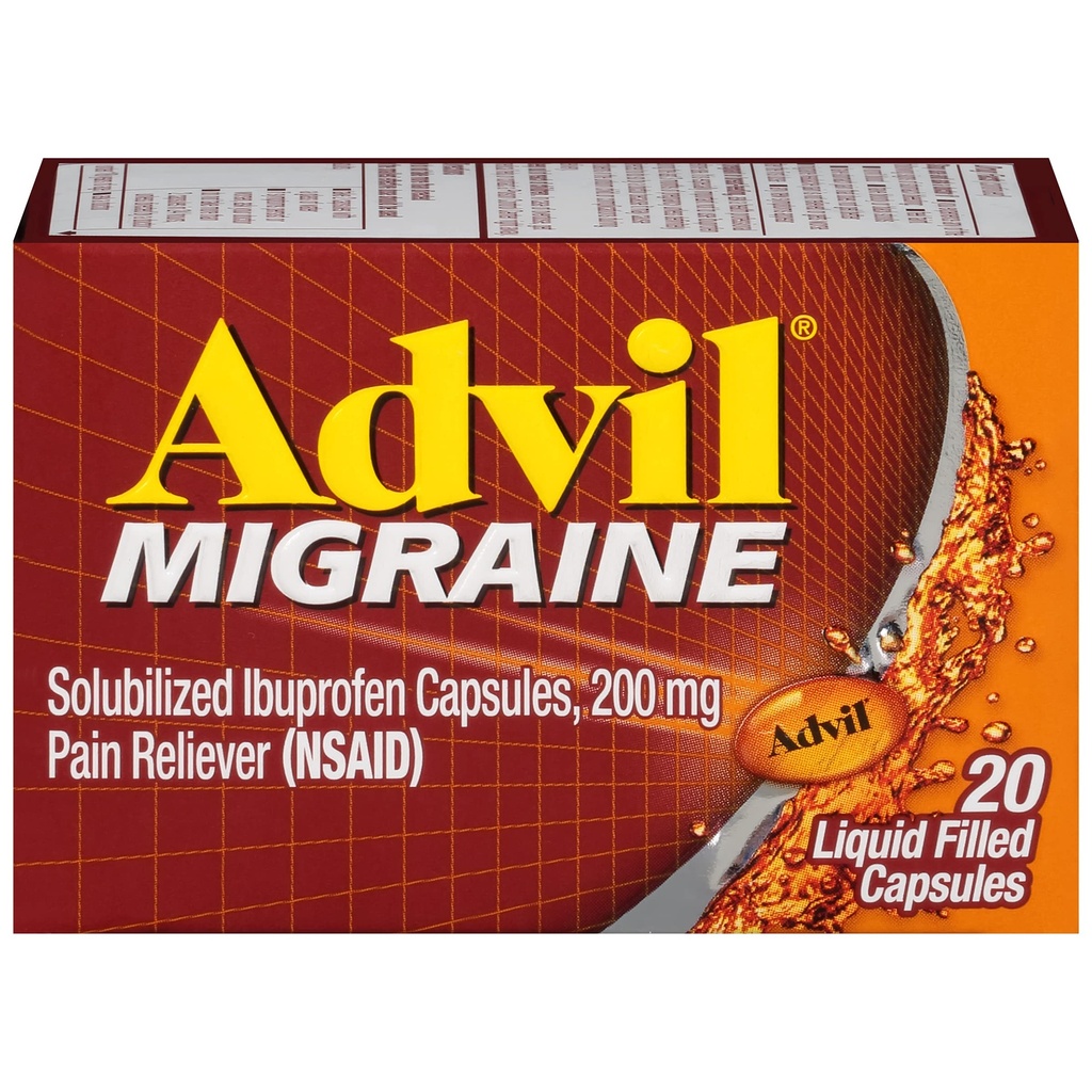 Advil Migraine Head Relief, Ibuprofen קפסולות עם Ibuprofen 200 מ"ג עבור Migraine הקלה, Nausea הקלה והקלה לאור Sרגישות - 20 קפסולות ממולאות נוזליות