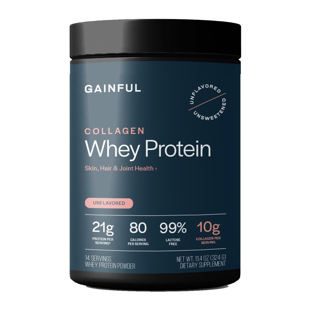 אבקת חלבון Whey, 21g חלבון לשרת, Unflavored, תומך התאוששות שרירים, בריאות משותפת, וטיפוח עור עם Grass-Fed Collagen Peptides, ויטמין C, 14 משרתות