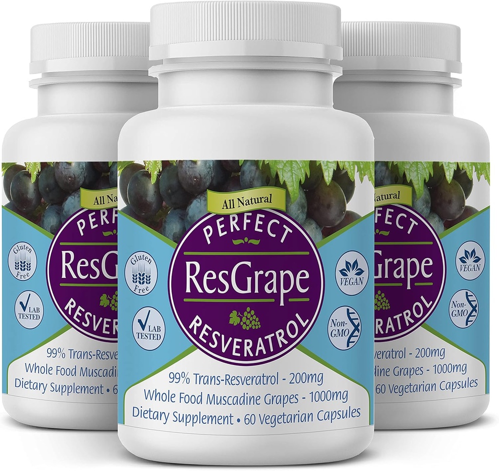 תוספי Perfect Resveratrol - 60 קפסולות - Trans-Resveratrol & Organic Muscadine Grapes - 3 Pack