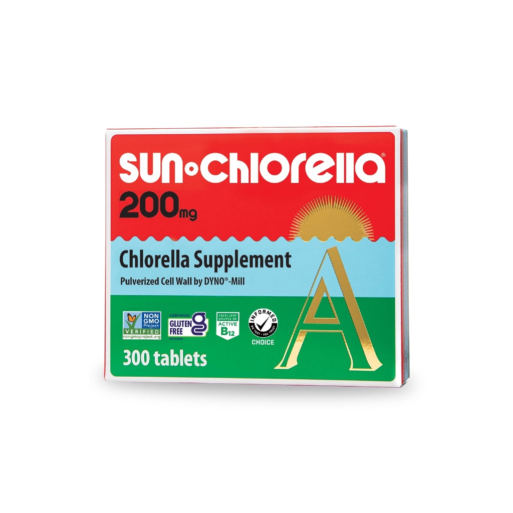 Sun Chlorella 200 מ"ג ירוק Algae Superfood תוסף - Pulverized Cell Wall - Chlorophyll, CGF, Active B12, ברזל, חלבונים - non-GMO - 300 Tablet