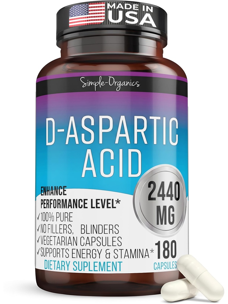 Kaibro Nutra D-Aspartic Acid תוספת עבור גברים, 2440 מ"ג D-Aspartic Acid לשרת, אנרגיה & טסטוסטרון תמיכה, Gluten-Free non-GMO, 180 קפסולות טבעוניות