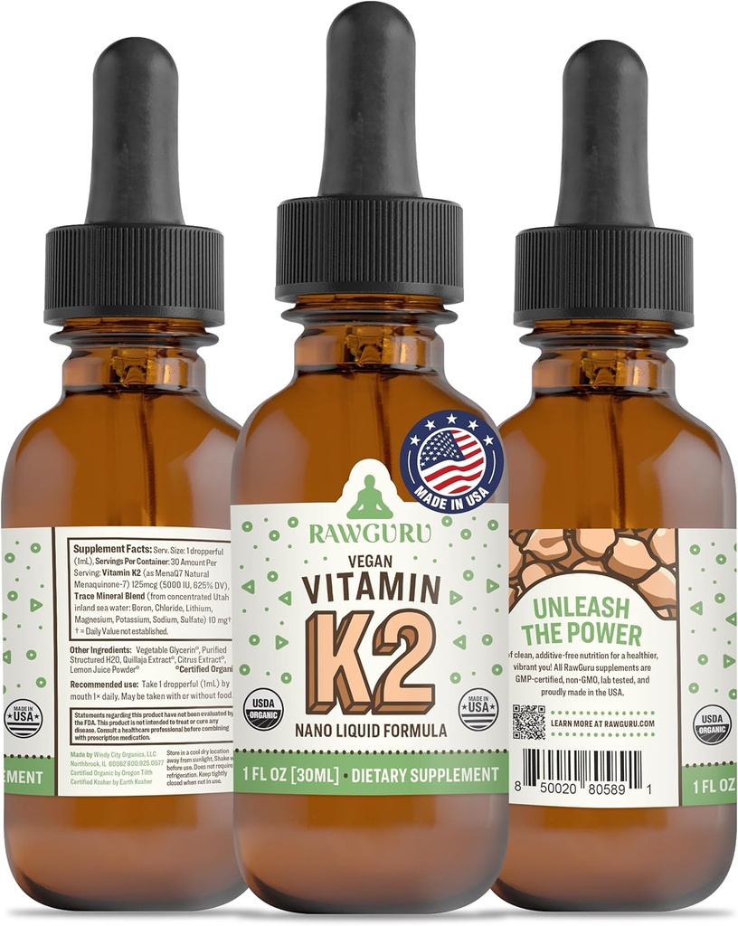 RawGuru ויטמין K2 תוסף - אורגני ויטמין K2 MK7 עם Trace מינרלים - Nano-Processed Antioxidant & Immune Support Tincture - 30 משרתות של טיפות טבעוניות ל -30 מ"ל, Pack של 1 1