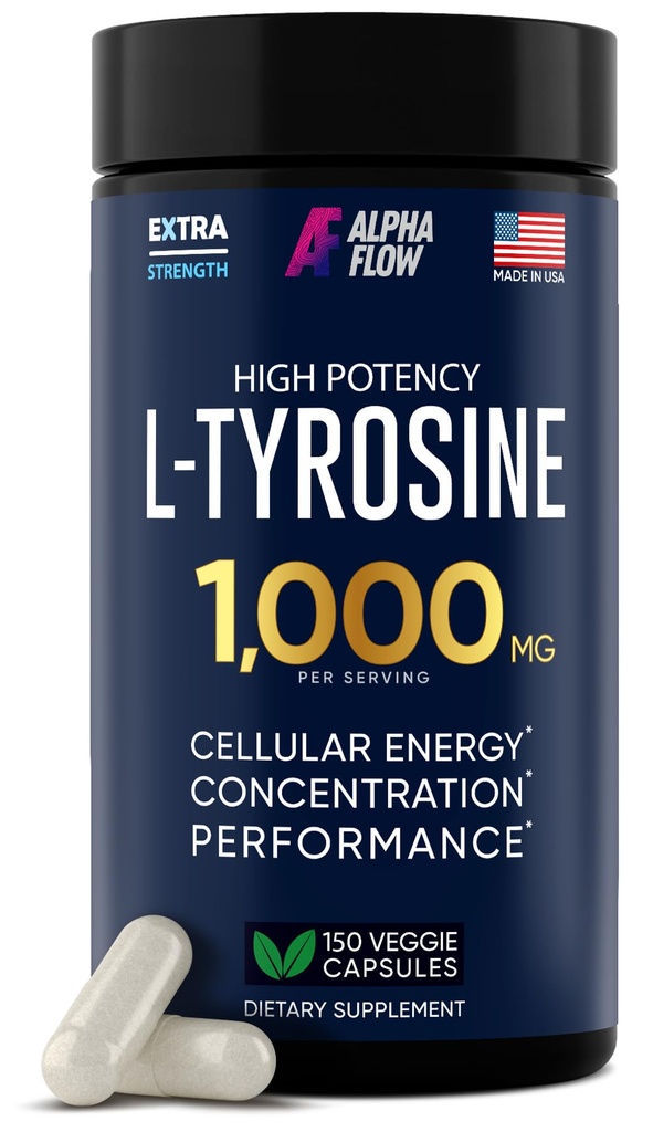 Alpha Flow L Tyrosine 1000MG כמוסות - All-Natural L- Tyrosine תוסף עבור Focus & Energy Boost - Non-GMO & Gluten-Free - טבעוני 150 Caps -500 מ"ג x 2 לשרת