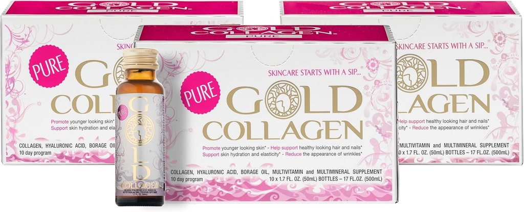 GOLD COLLAgen Pure - תוסף משותף לנשים וגברים עם Biotin לצמיחה שיער, עור וניק - Anti Wrinkle Immune System Booster עם Hyaluronic Acid, ויטמין C, B6 ו- Zinc, 3 Pack 10x50 מ"ל
