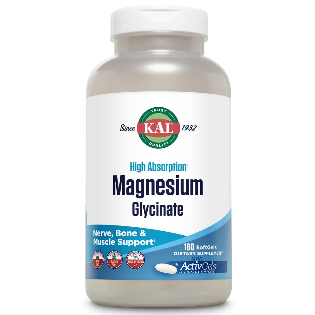 KAL Magnesium Glycinate ActivGels 315 מ"ג, Fully Chelated, High Absorption Magnesium תוסף להרגעה, שריר ועצמות תמיכה, non-GMO, Gluten Free, 60 משרתים, 180 Softgelss
