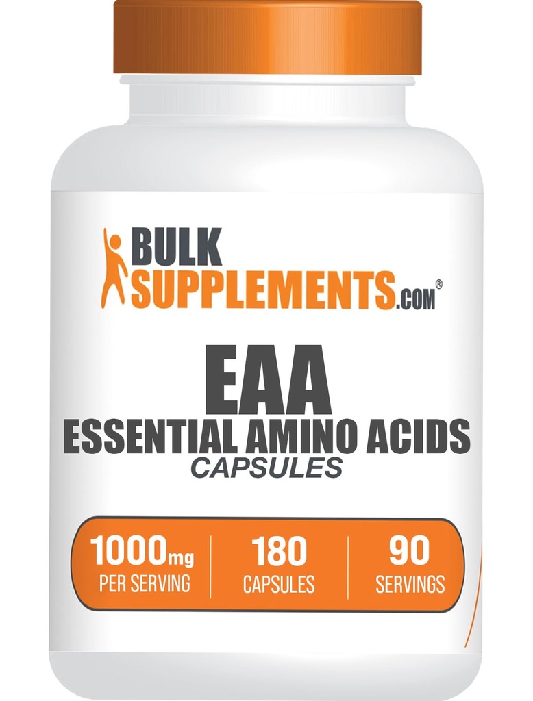 BulkSupplements.com Essential Amino Acids כמוסות (EAA) - Amino Acids תוסף - EAAs Amino Acids - AAA כמוסות 1000 מ"ג - 90 יום אספקה (180 Cloatin קפסולות)