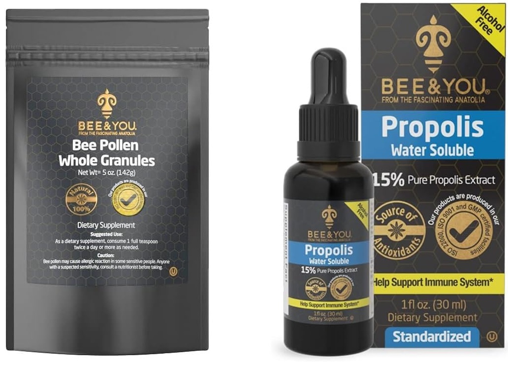 BEE ו-You Bundle, Bee Pollen Granules, 5oz Bag, עם 100% טבעי פרפוליס לחלץ טיפות, Ultra Pure, Immune תמיכה תוסף, Superfood, Antipxidants, ויטמינים, ויטמינים, ויטמינים, ויטמינים, ויטמין, 100% טבעי פרפוליס טבעי.