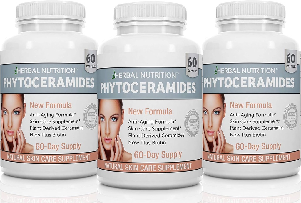 Herbal Nutrition Phytoceramides אורז עם ויטמין A, C, D ו- E, Three Bottle Pack, 180 קפסולות 40 מ"ג