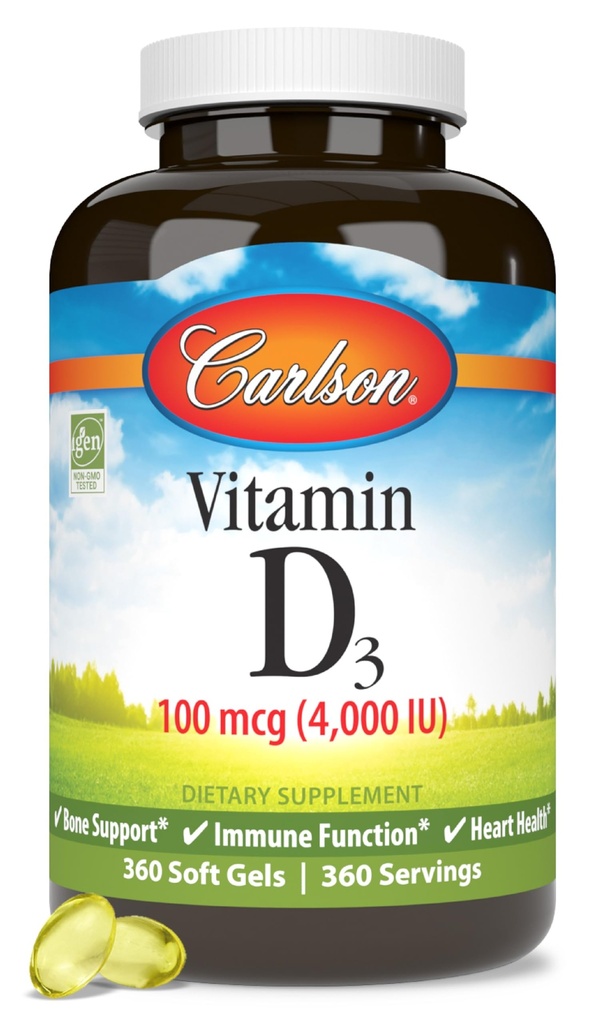 קרלסון - ויטמין D3, 4000 IU (100 mcg), Bone & Immune Health, Cholecalciferol תוסף, Gluten Free ויטמין D קפסולות, 360 Softgels