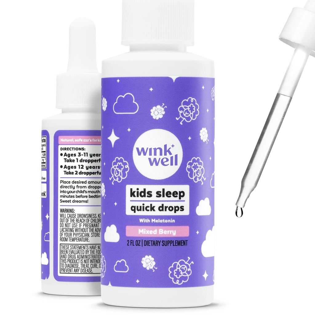 Wink Well Kids Liquid Melatonin Drops - Natural Baby Sleep טיפות עבור טומלר Sleep Aid עם 1 מ"ג Per Serve-Non-Addictive Children's Liquid Melatonin - 2 Oz