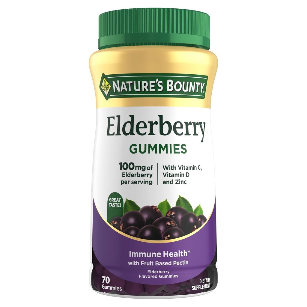Nature's Bounty Elderberry Gummies, תוספי תזונה, תומך בריאות החיסון, מכיל ויטמין A, C, D, E ו Zinc, 100 מ"ג, 70 מ"ג