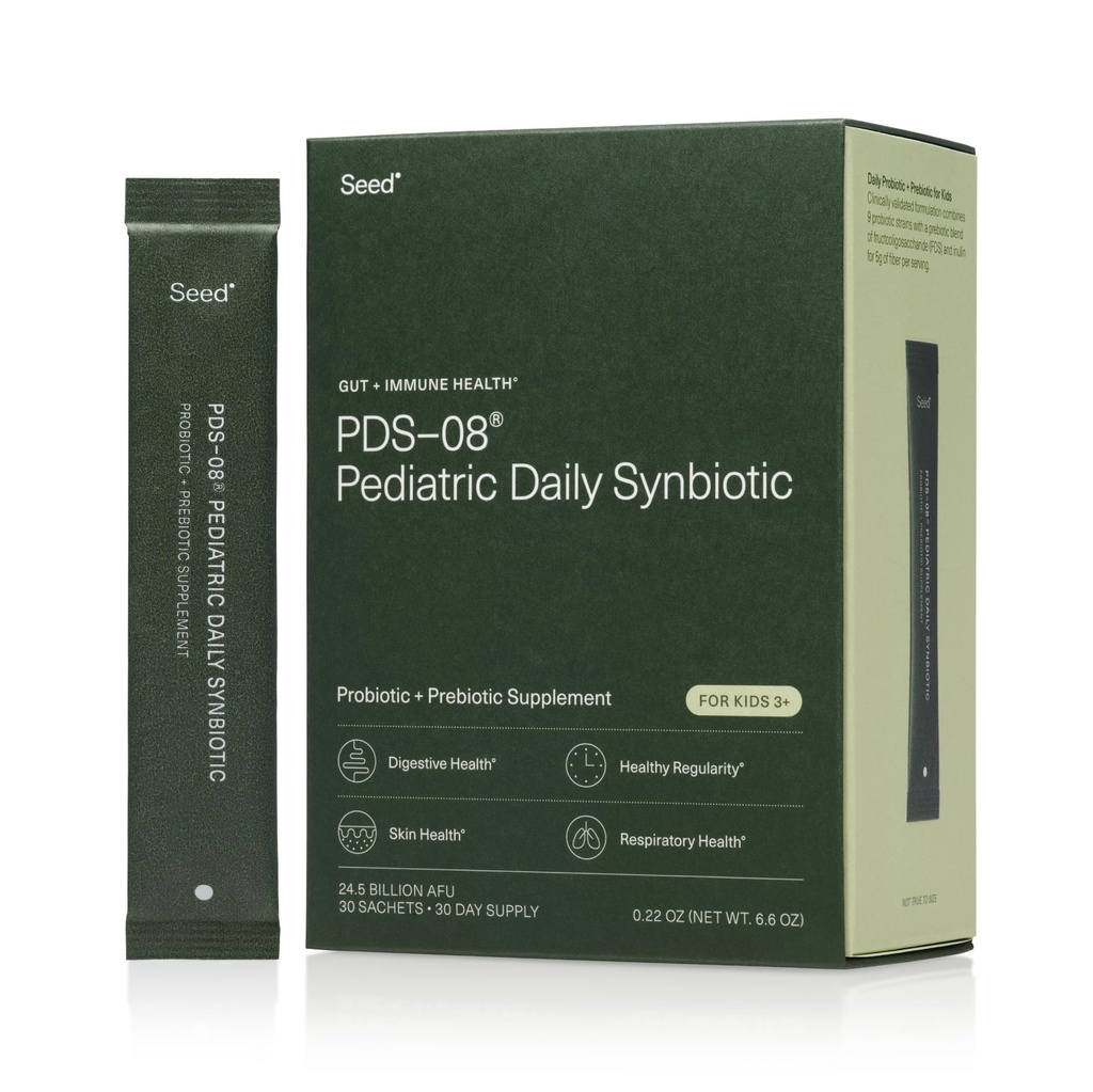 Seed PDS-08 Pediatric Daily Synbiotic - סיבים מבוססי Prebiotic & Probiotic for Kids - Digestive Health, Ordinaryity, Constipation Relief - Ages 3-17 - טבעוני ו Shelf-Stable - 30 Sachets (30 ימים אספקה)