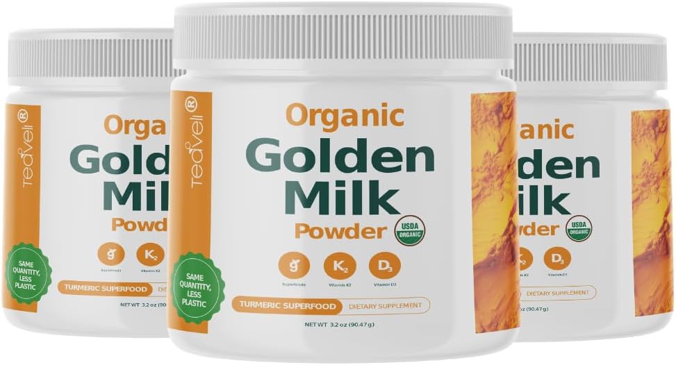 אבקת חלב אורגנית עם ויטמין D3 & K2, Turmeric, ג'ינג'ר, Curcumin, Cinnamon, KSM66 Ashwagandha, Holyזיל & Natural Prebiotics - תה טורמרי לא מתוקן טיאט - 3 Pack