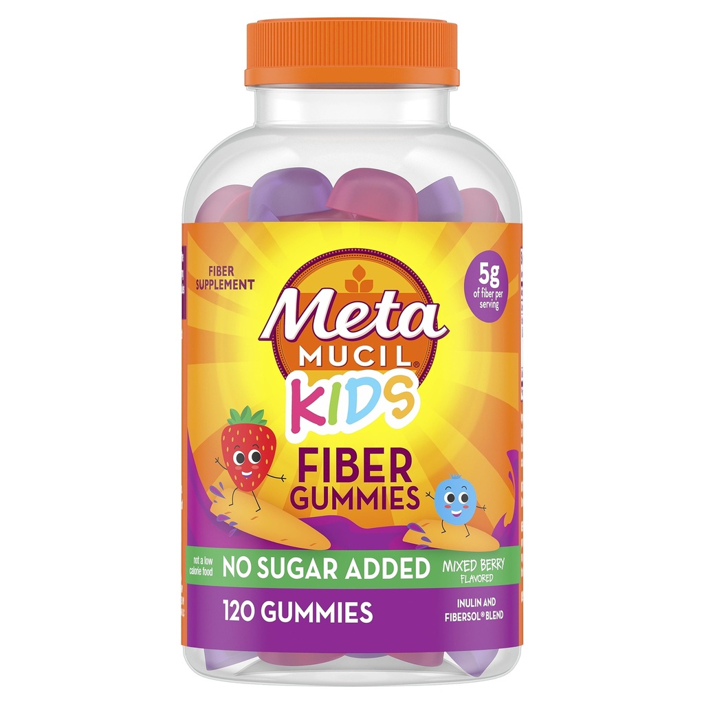 Metamucil Kids Fiber Gummies, No Sugar הוסיף, 5g Prebiotic Plant-מבוסס על סיבים צמחיים, מעורב ברי פלבדורד, 120ct Gummies