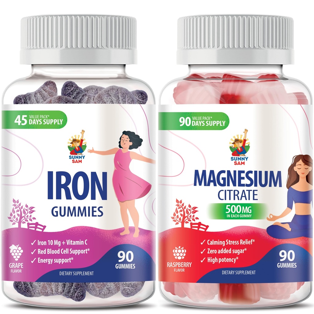 Magnesium Gummies 500mg & Iron Gummies למבוגרים - ויטמין ברזל עם ויטמין C